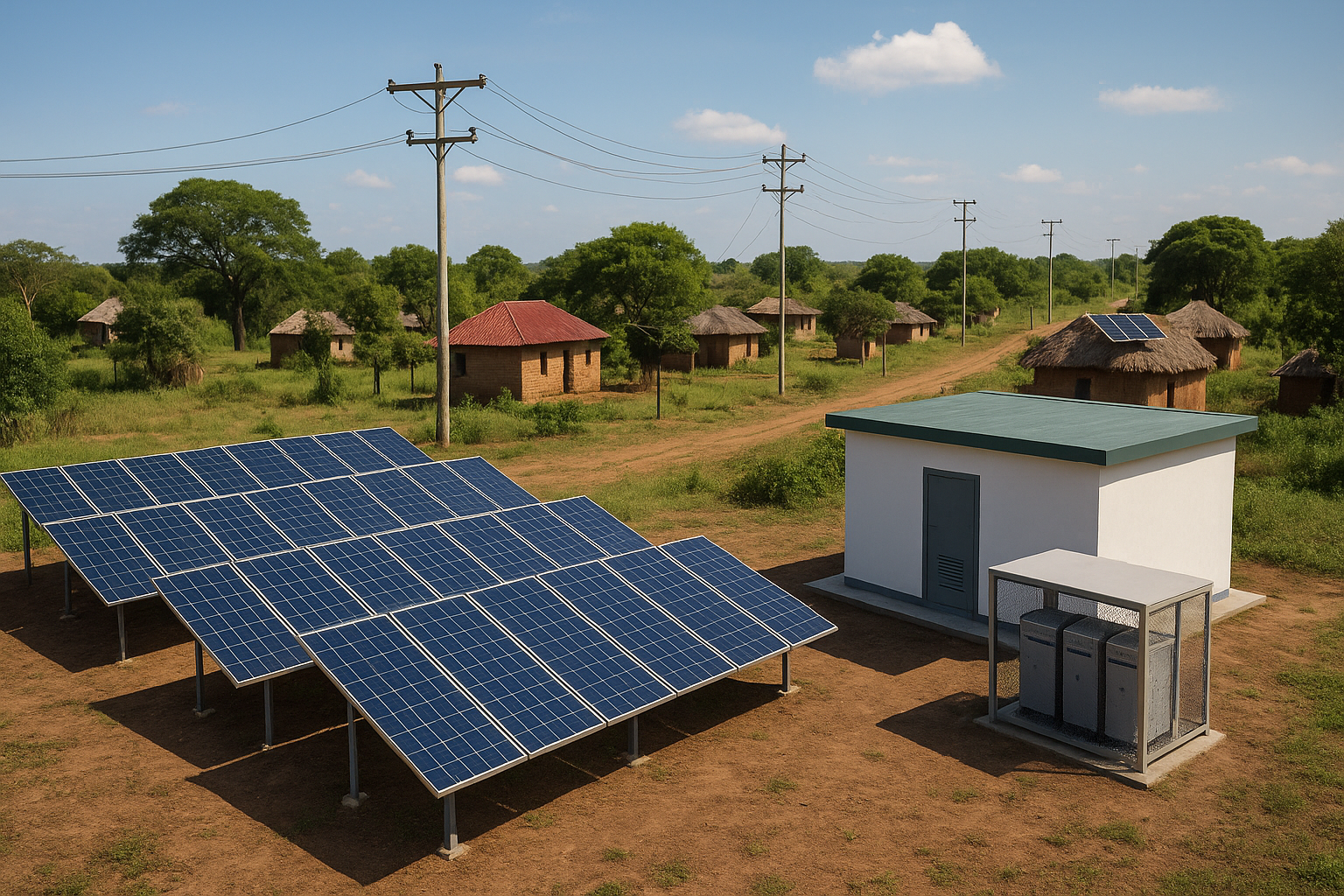 Mini-grid with solar panels and rural buildings